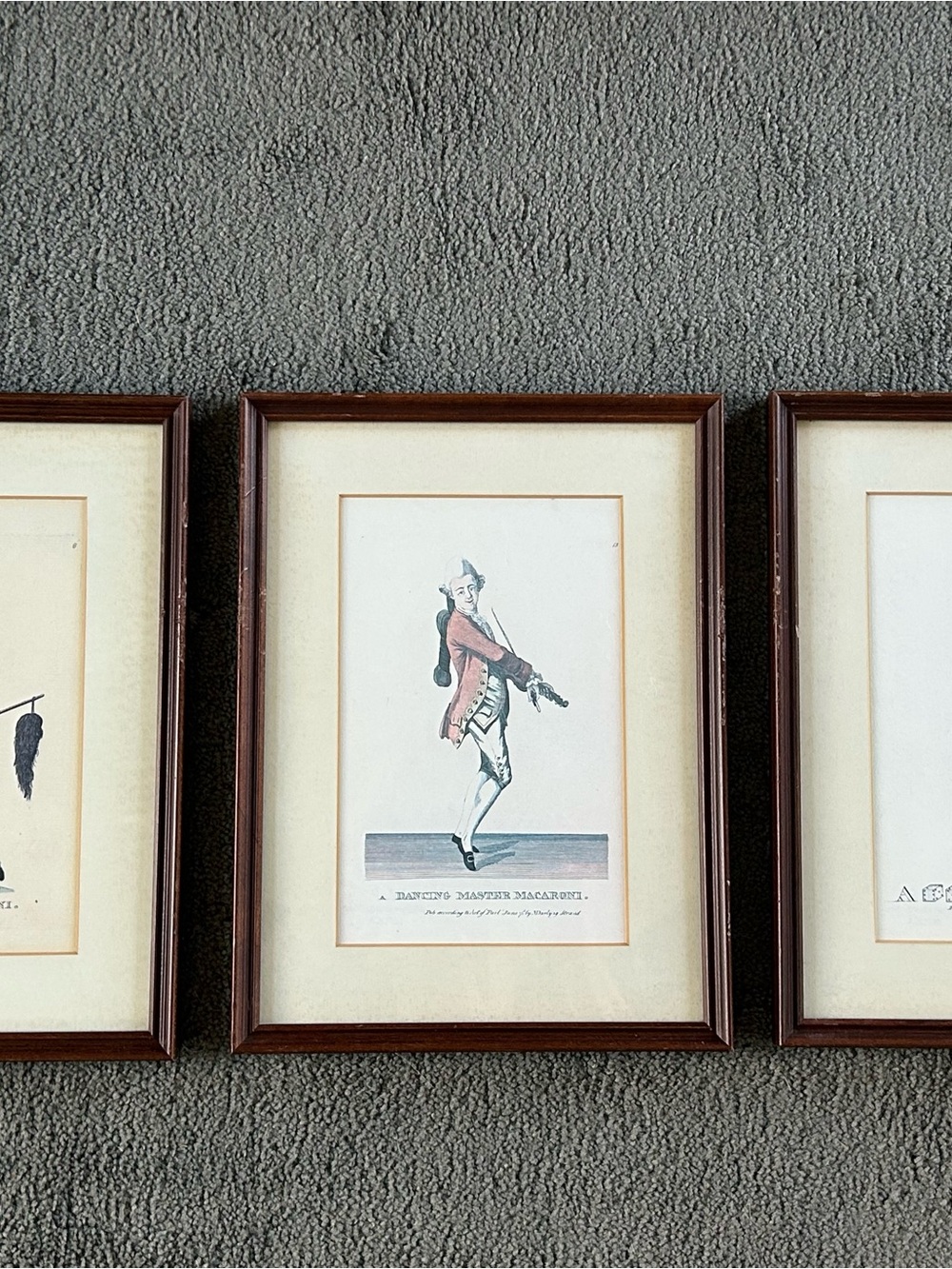 3 Macaroni Framed Prints, Antique Colonial Art